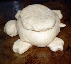 Bread dough hand shaped turtle