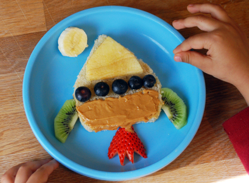 Bread, Peanut Butter, Honey, kiwi, blueberries, banana, apple, strawberry