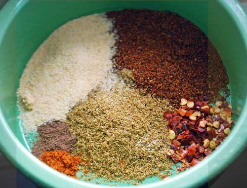 Garlic Powder, Chili Powder, Red Pepper Flakes, Cumin, All Spice, Cayenne Pepper