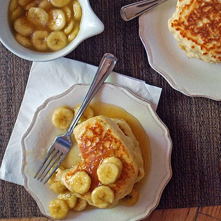 Chobani Pancakes with Caramelized Banana Syrup